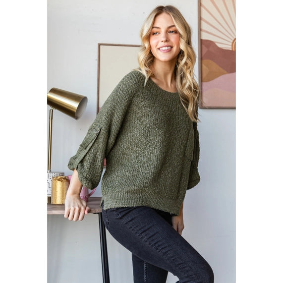 Roll Tab Sweater In Moss