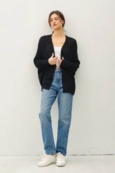 Open Front Long Sleeve Breezy Yarn Knit Cardigan In Black