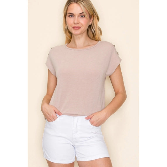 Button Shoulder Jersey Top In Dark Taupe