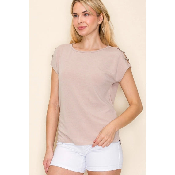 Button Shoulder Jersey Top In Dark Taupe