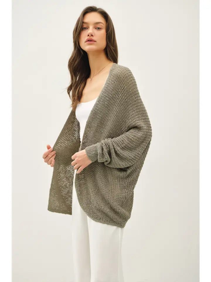 Open Front Long Sleeve Breezy Yarn Knit Cardigan In Kale