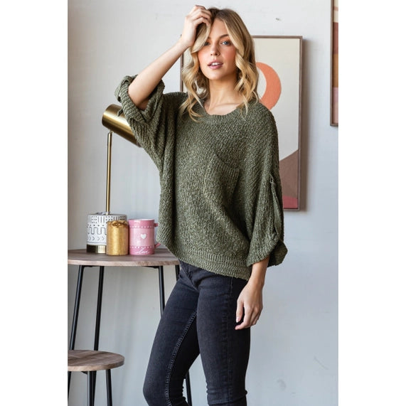 Roll Tab Sweater In Moss