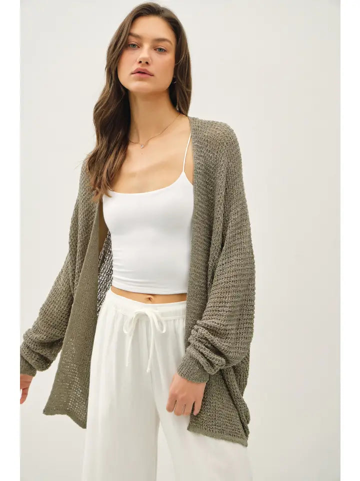 Open Front Long Sleeve Breezy Yarn Knit Cardigan In Kale