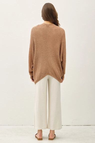 Open Front Long Sleeve Breezy Yarn Knit Cardigan In Latte