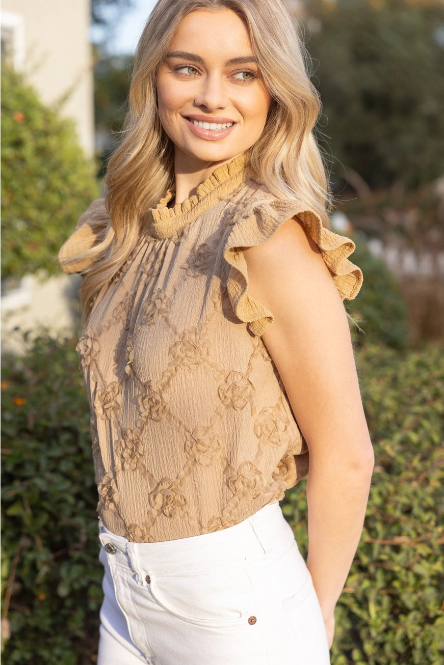 High Ruffled Neck Floral Lace Accent Top