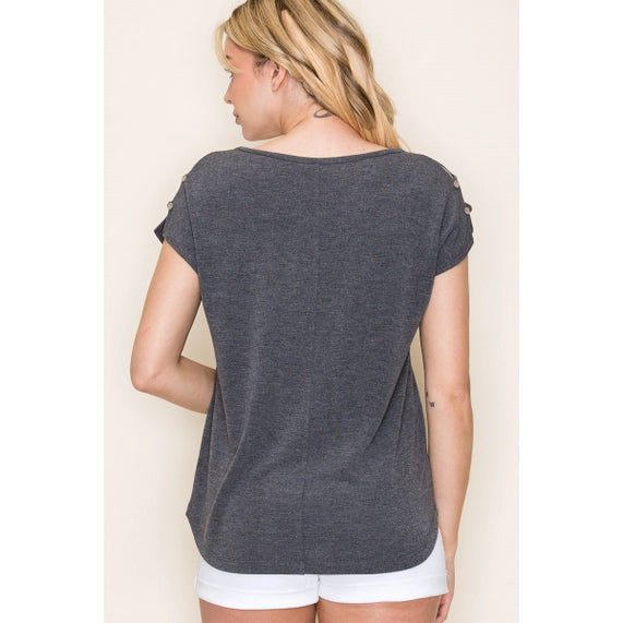 Button Shoulder Jersey Top In Charcoal