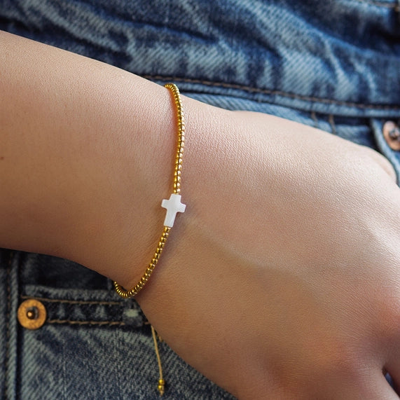 Gold Beaded Bracelet W/Pearl Cross