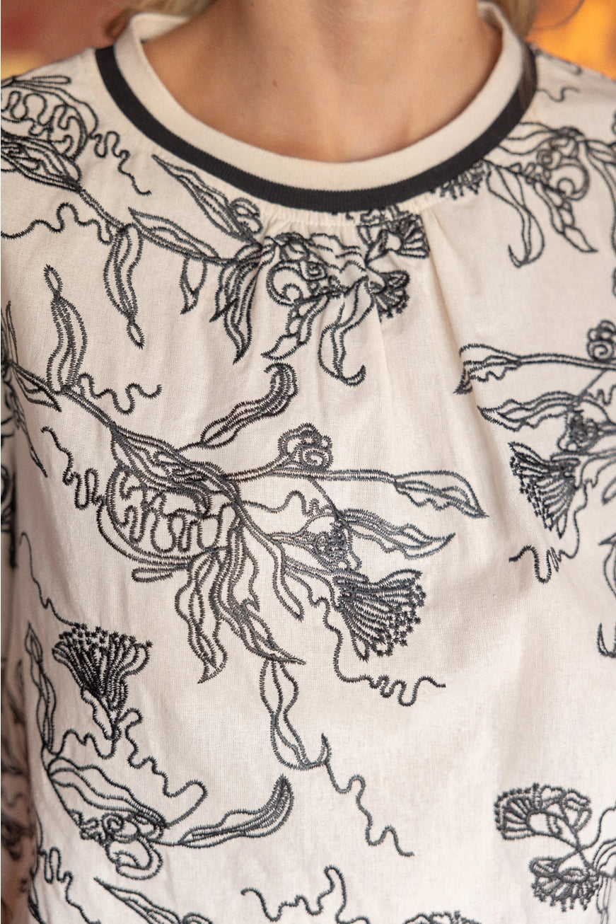 Abstract Floral Embroidered Scalloped Band Top