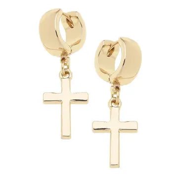 Cross Huggie Hoop Earrings In Shiny Gold