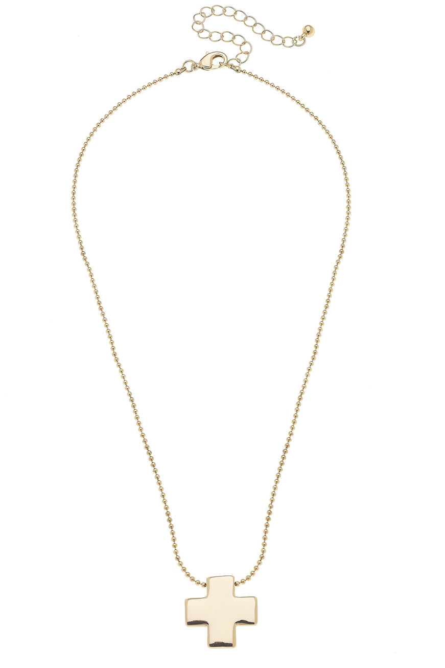 Square Cross Ball Chain Necklace in Shiny Gold