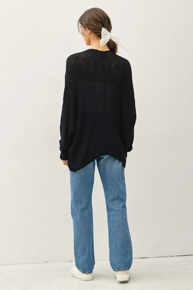 Open Front Long Sleeve Breezy Yarn Knit Cardigan In Black