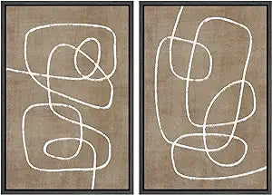 Tan & White Abstract Art Set W/Black Frame