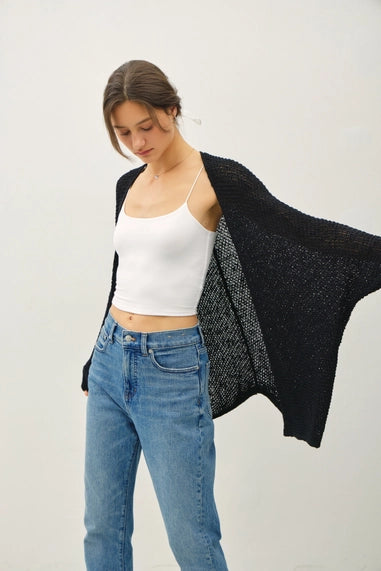 Open Front Long Sleeve Breezy Yarn Knit Cardigan In Black