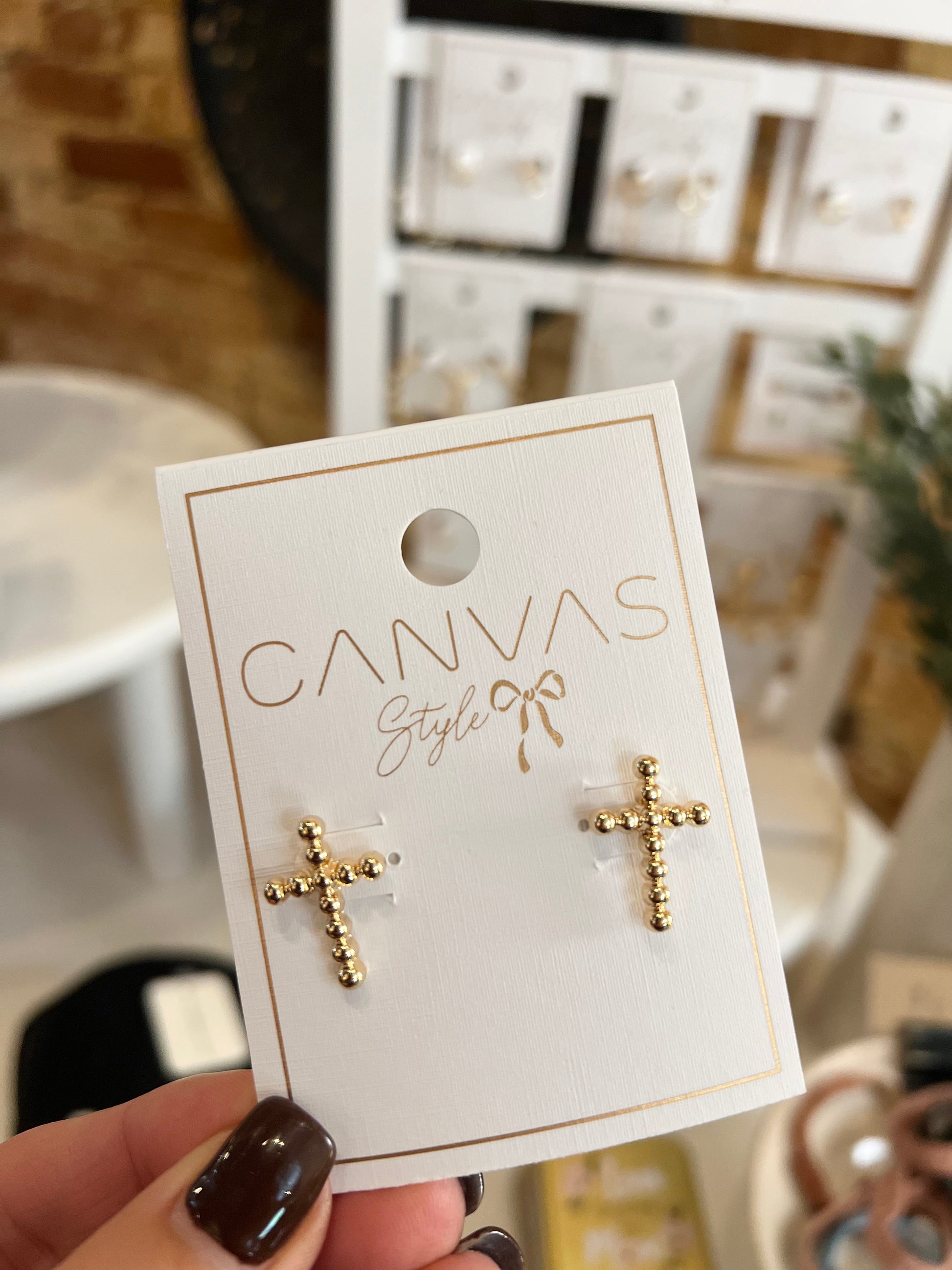 Poppy Beaded Cross Stud Earrings in Shiny Gold