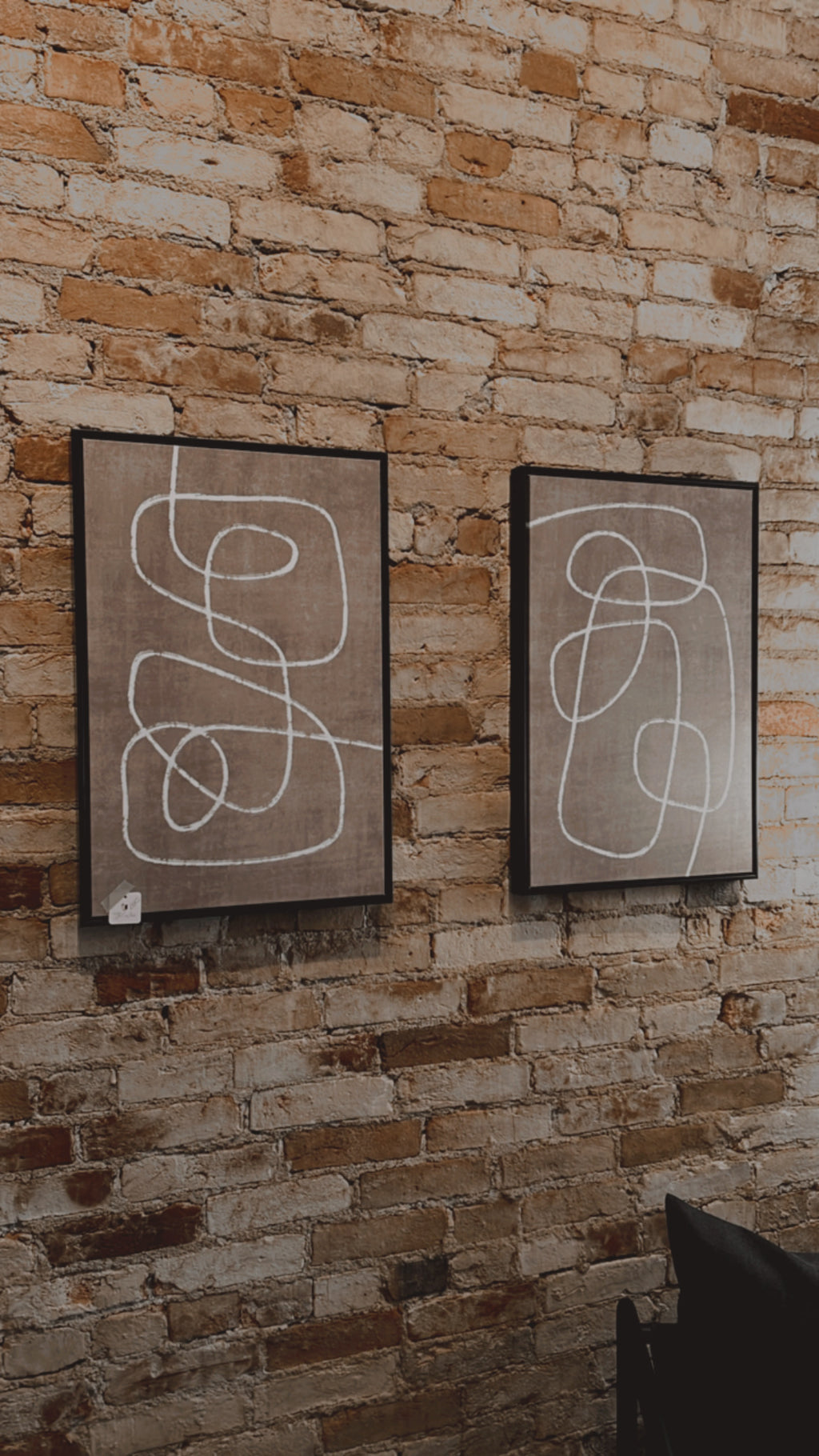 Tan & White Abstract Art Set W/Black Frame