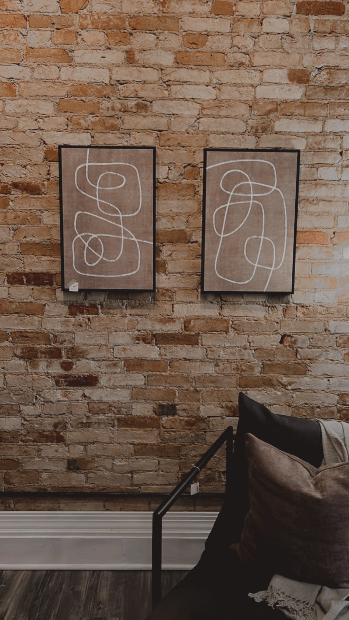 Tan & White Abstract Art Set W/Black Frame