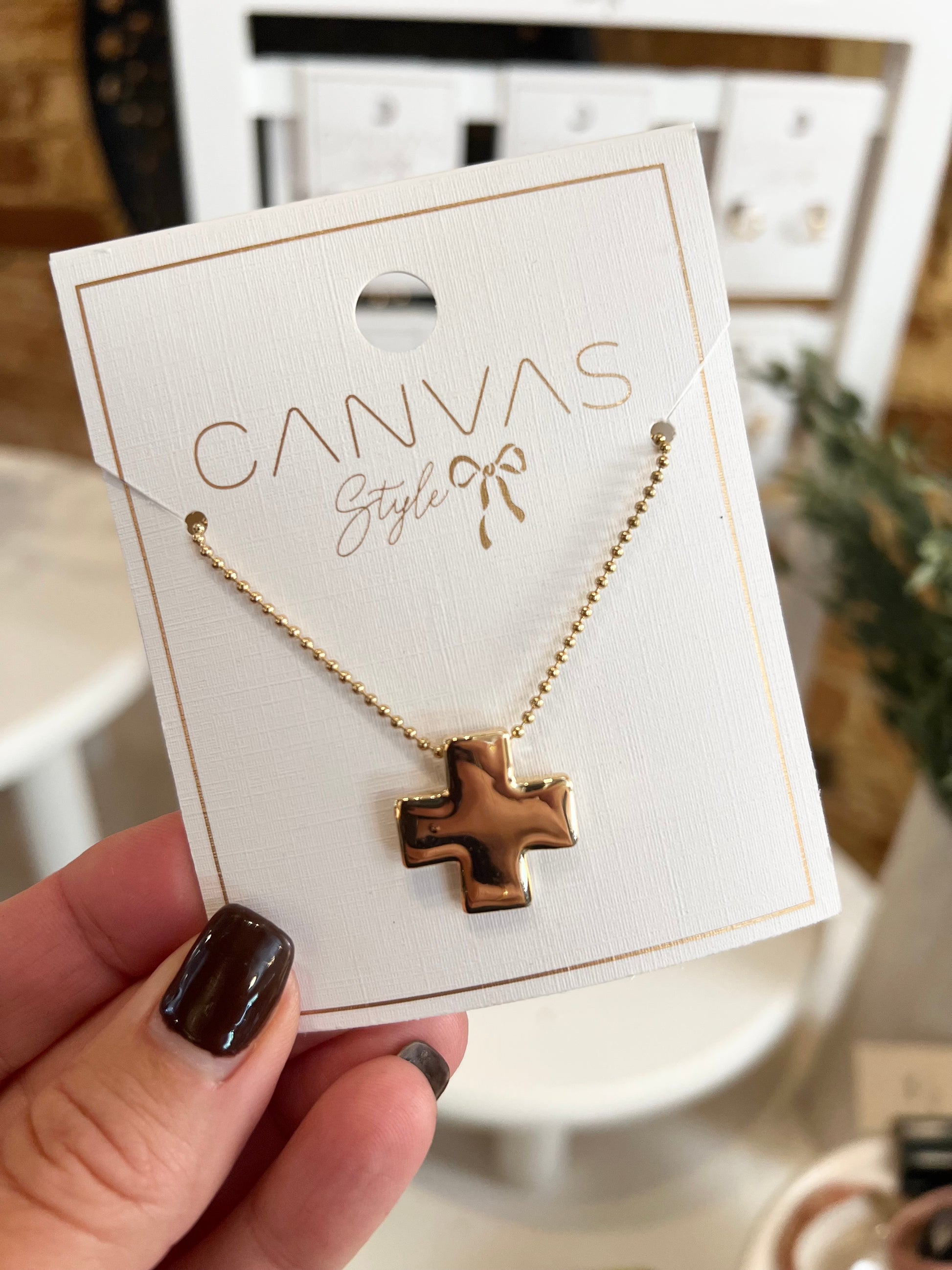 Square Cross Ball Chain Necklace in Shiny Gold