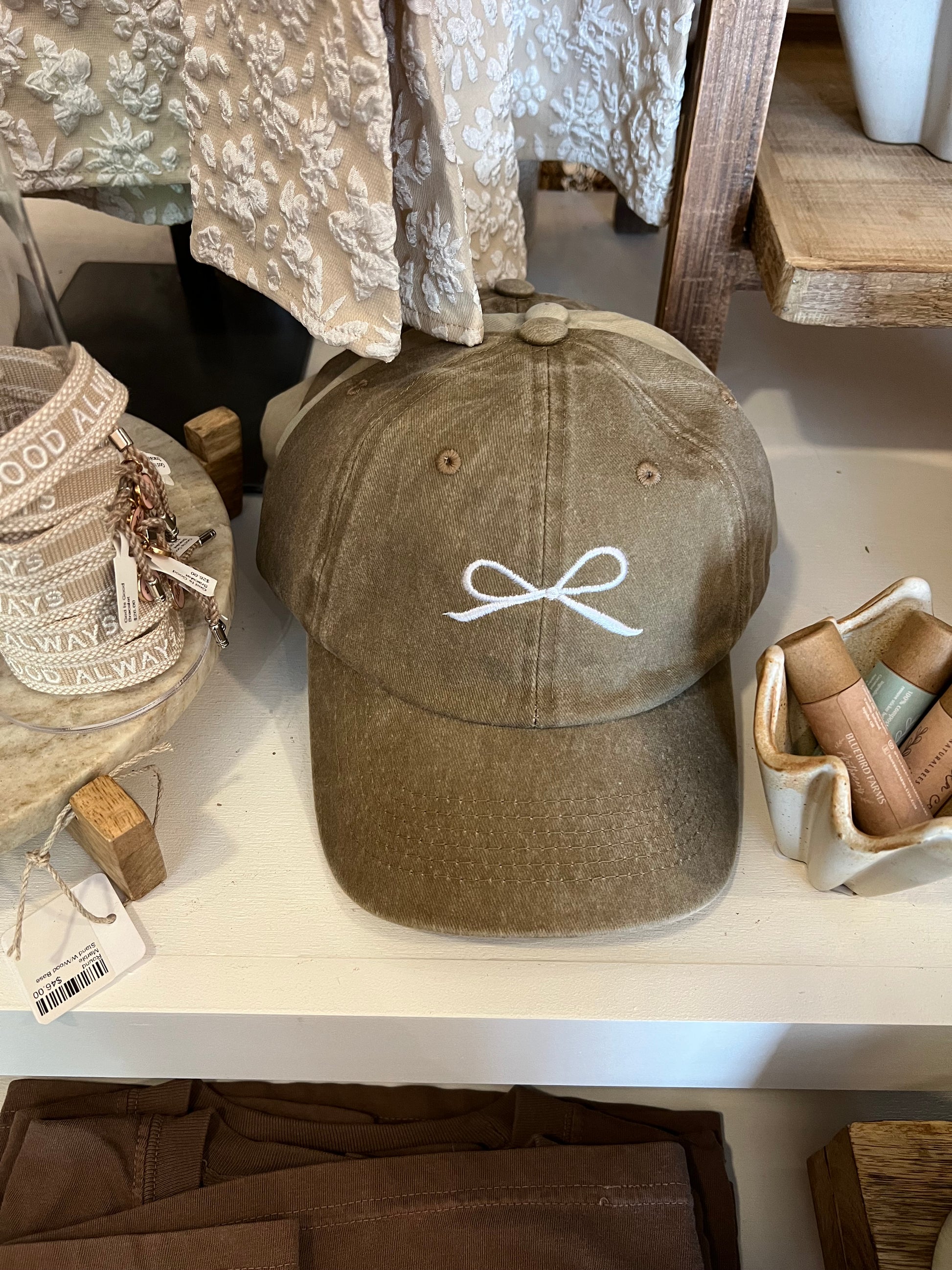 Ribbon Bow Embroidery Washed Hat