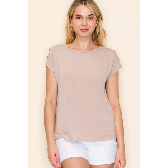 Button Shoulder Jersey Top In Dark Taupe