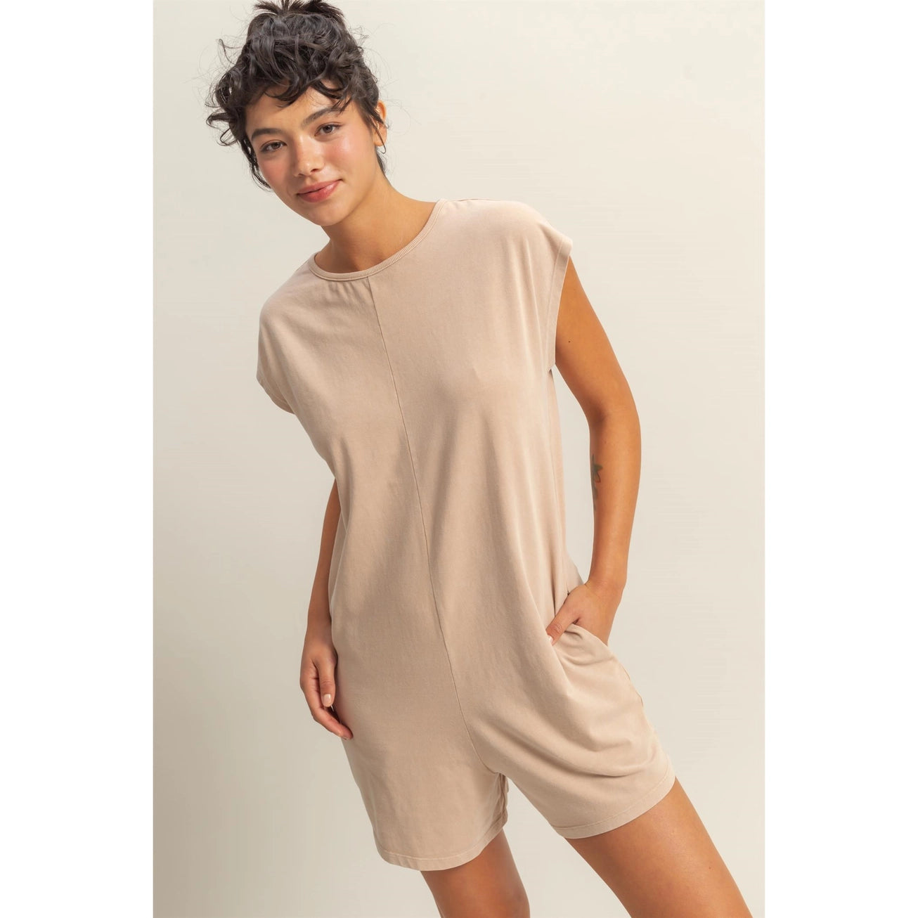 Relaxed Fit Breezy Romper In Oatmeal