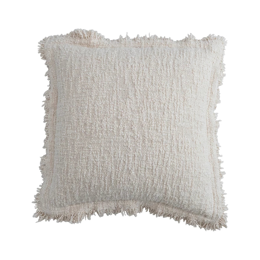 20" Square Woven Cotton Bouclé Pillow with Fringe & Flanged Edge