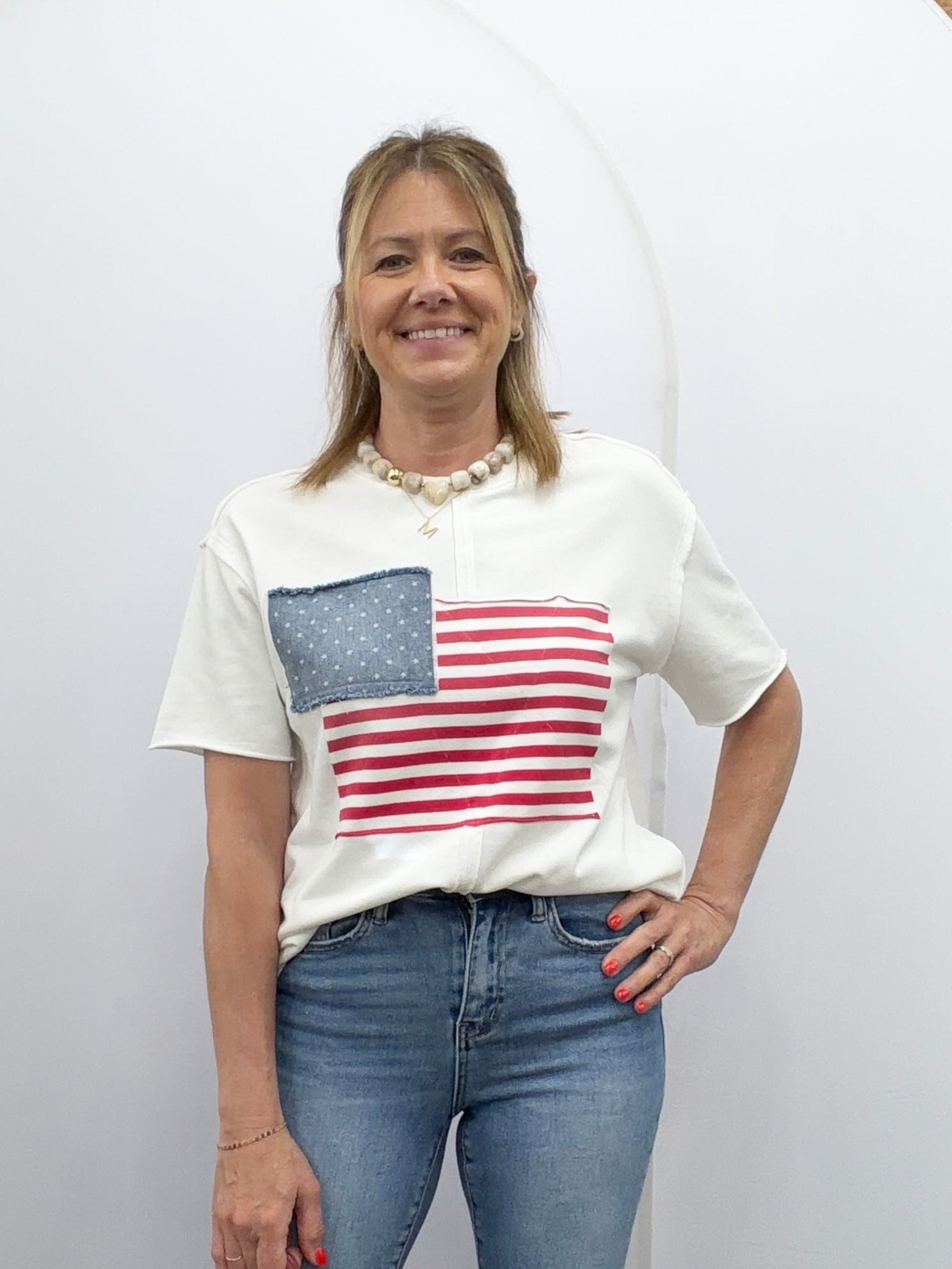 American Flag Patched Casual Wash Top - The Cozy Nest