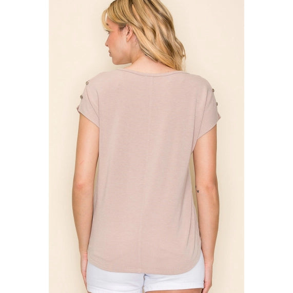 Button Shoulder Jersey Top In Dark Taupe