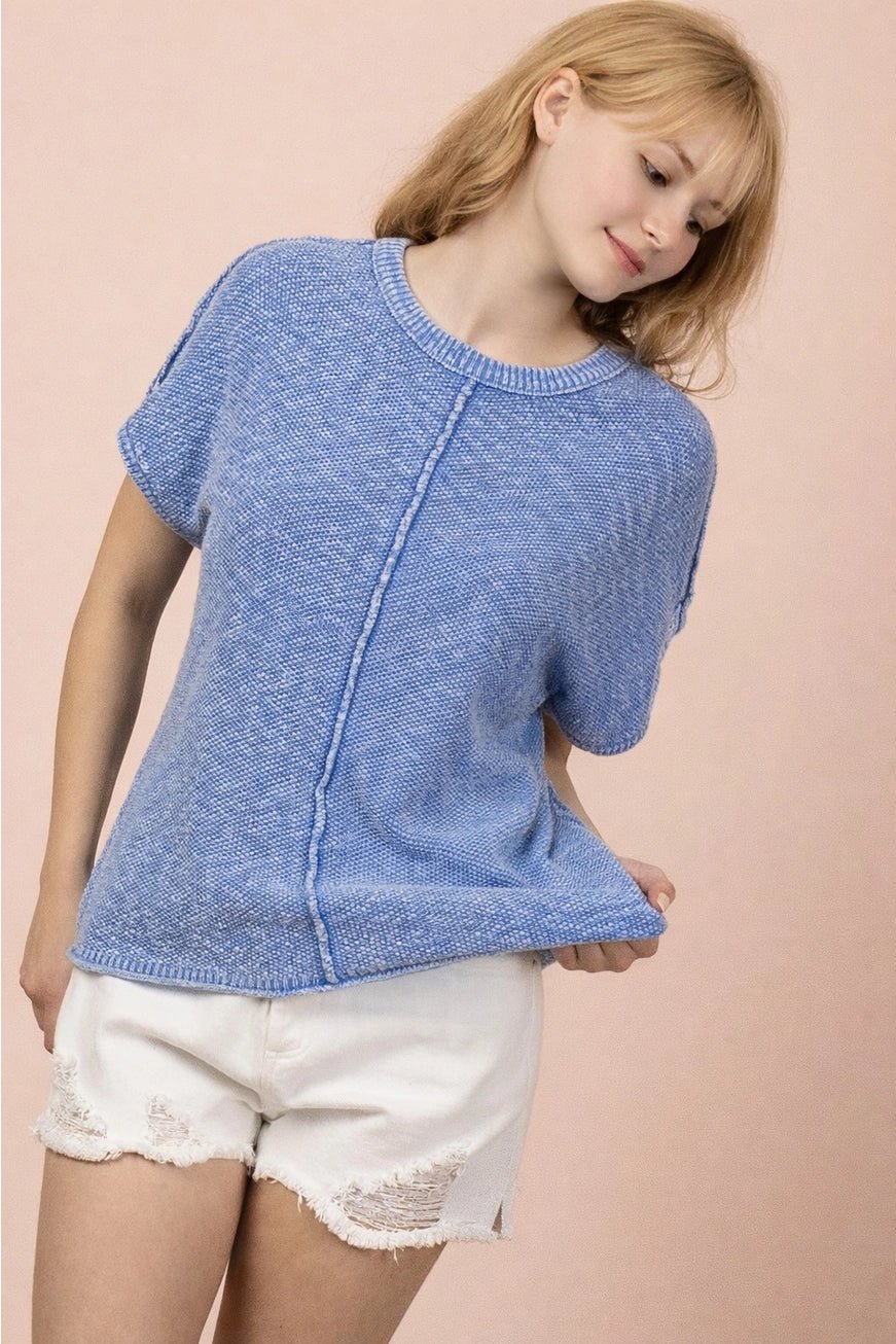 Blue Short Sleeve Sweater - The Cozy Nest