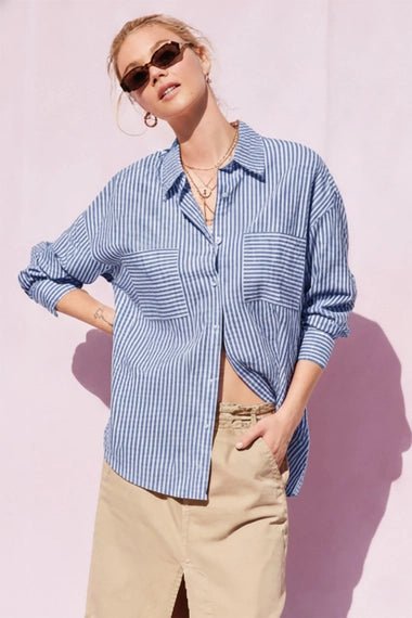 Blue Stripe Cotton Button Down - The Cozy Nest
