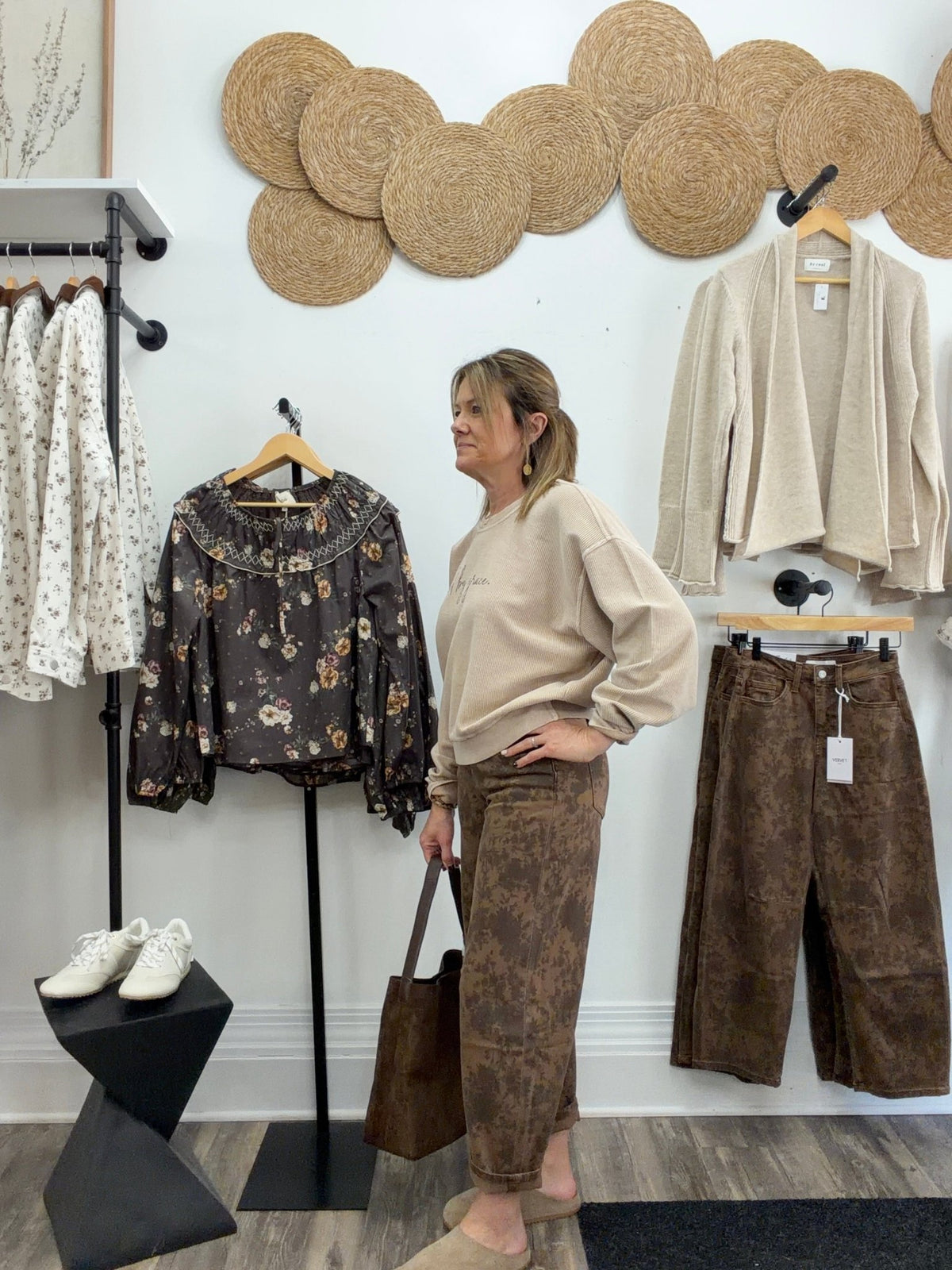Brown Floral Barrel Denim - The Cozy Nest