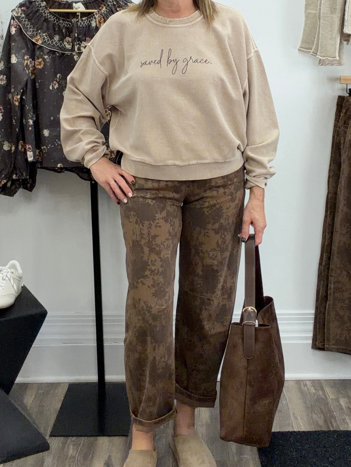 Brown Floral Barrel Denim - The Cozy Nest