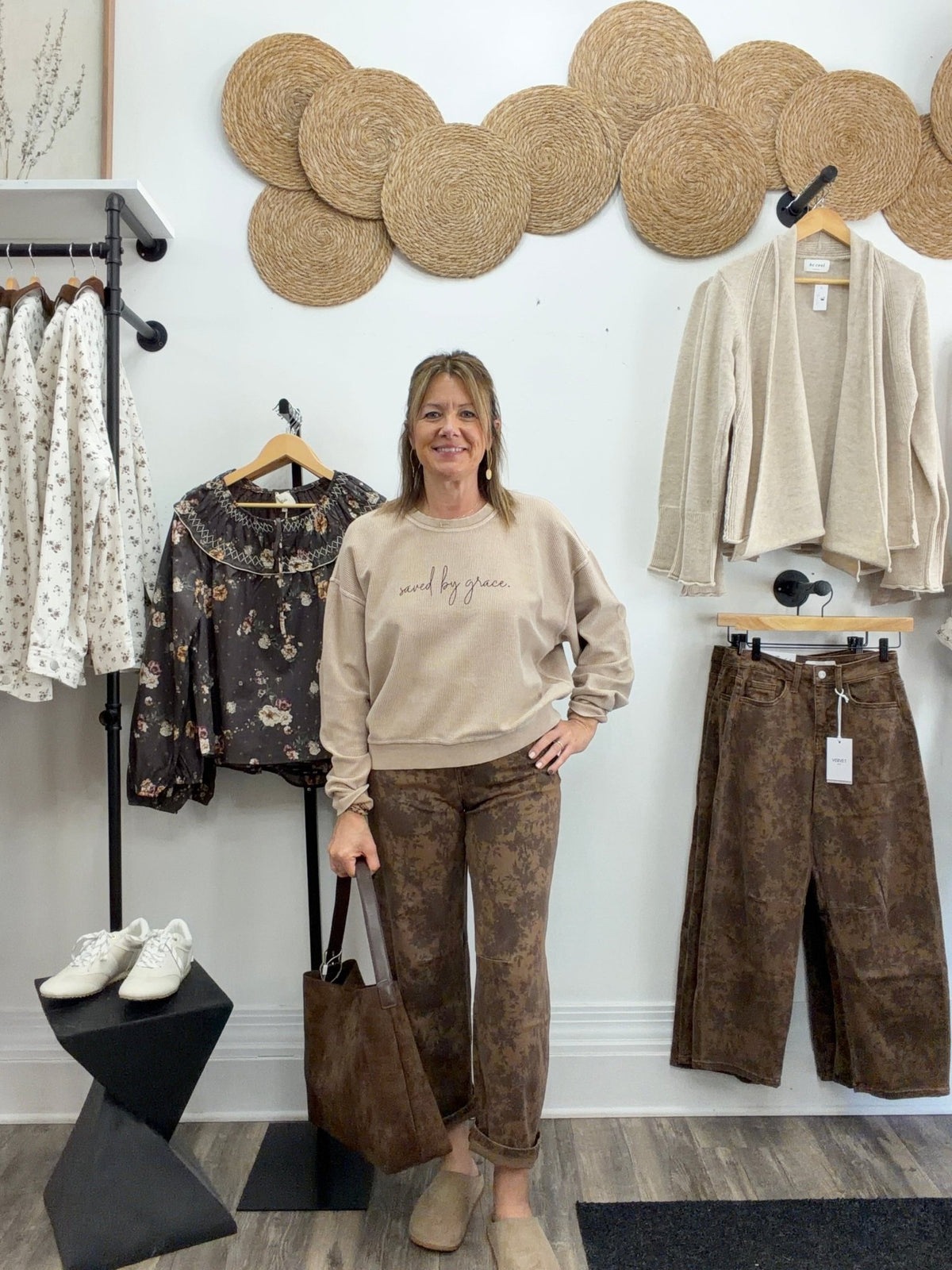 Brown Floral Barrel Denim - The Cozy Nest