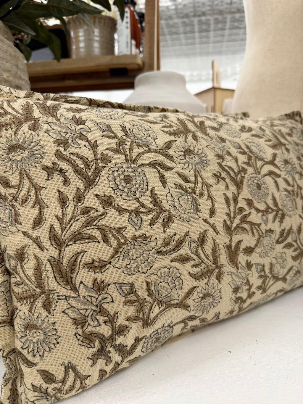 Brown & Gray Floral Lumbar Pillow - The Cozy Nest