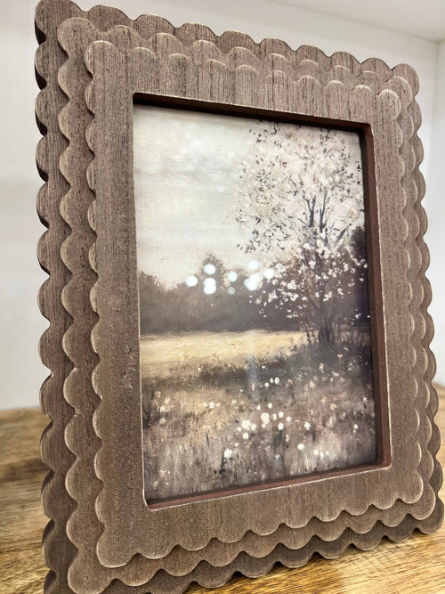 Brown Scalloped Wood Frame W/Landscape Print - The Cozy Nest