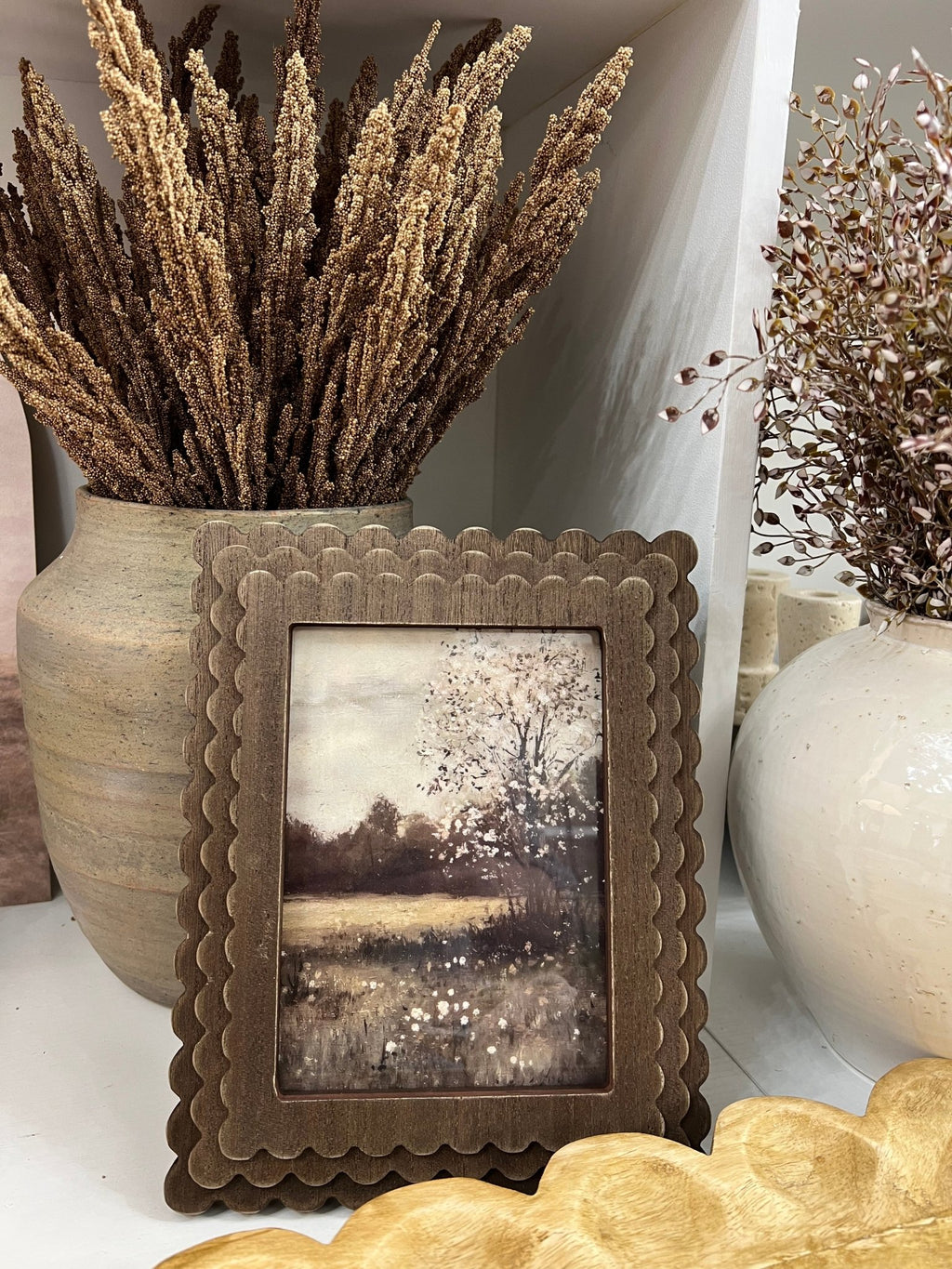 Brown Scalloped Wood Frame W/Landscape Print - The Cozy Nest