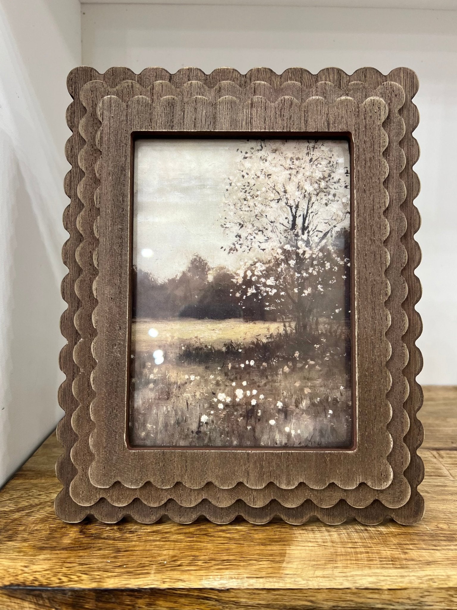 Brown Scalloped Wood Frame W/Landscape Print - The Cozy Nest