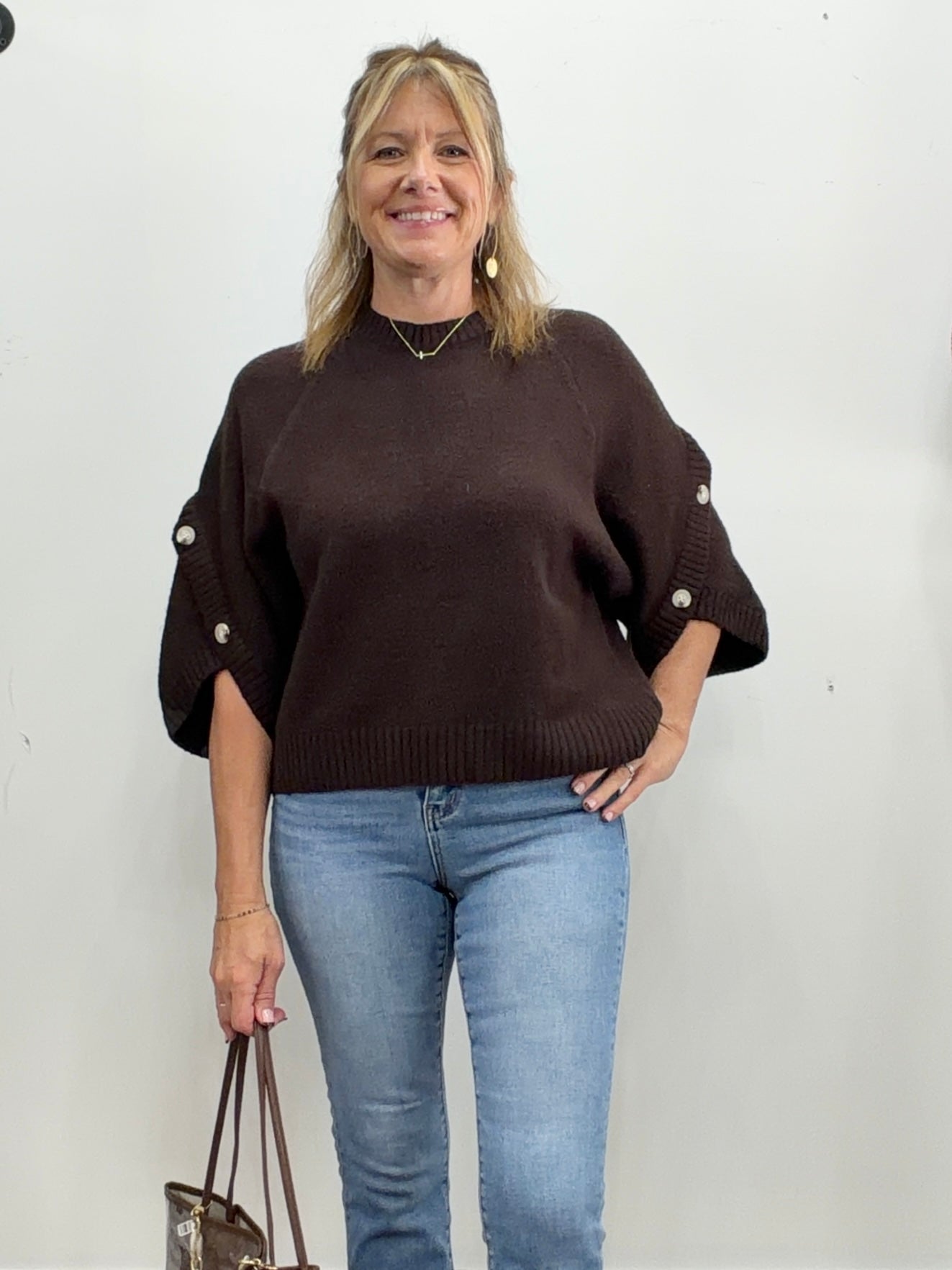 Button Sleeve Knit Sweater-Brown - The Cozy Nest