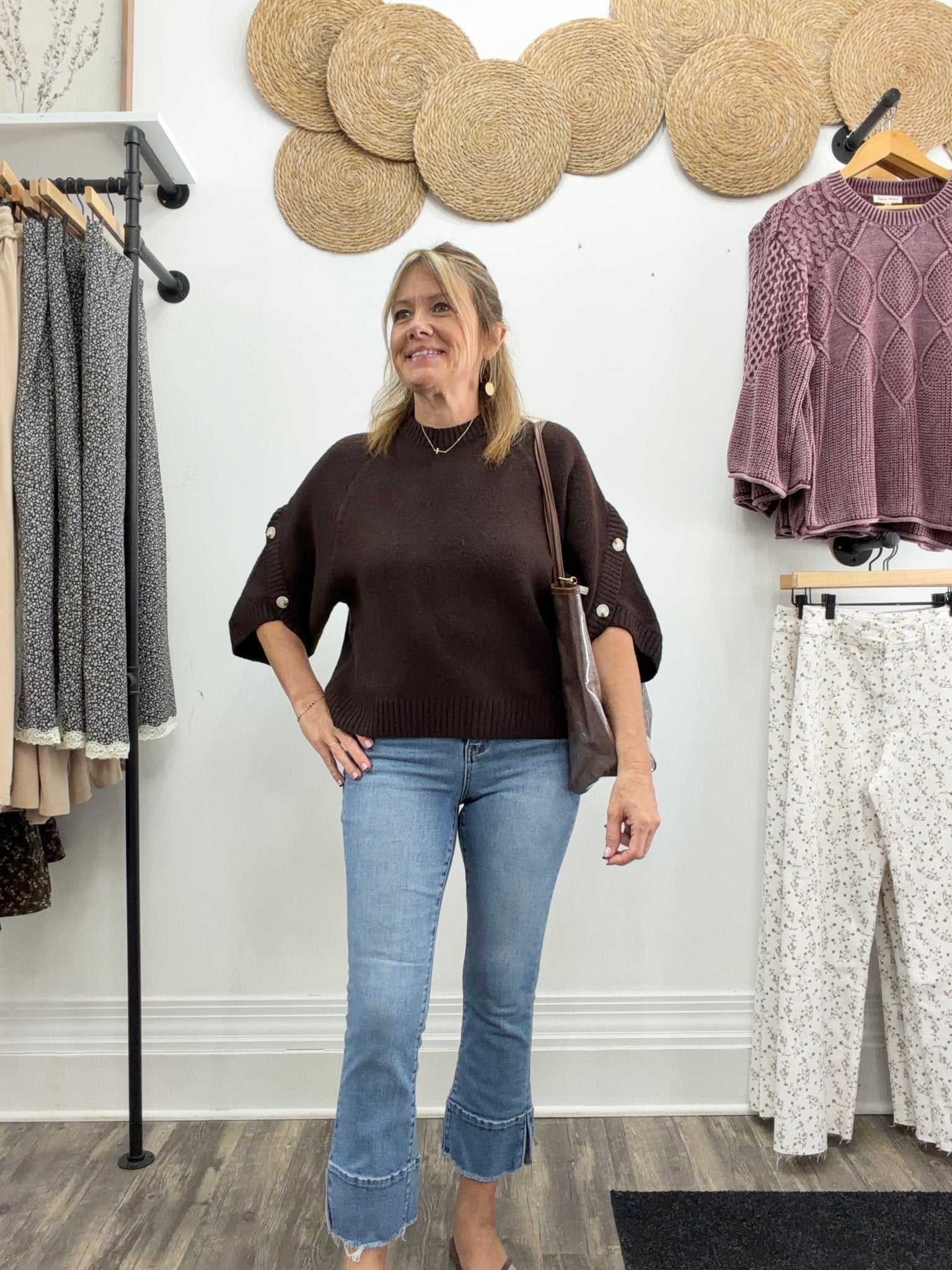 Button Sleeve Knit Sweater-Brown - The Cozy Nest