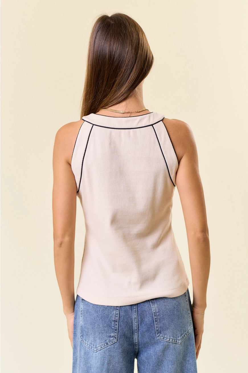 Cotton Rib Crew Neck Contrast Piping Tank