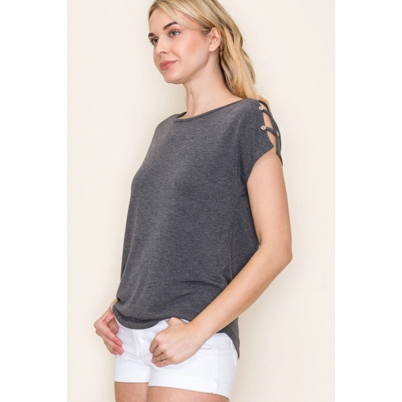 Button Shoulder Jersey Top In Charcoal