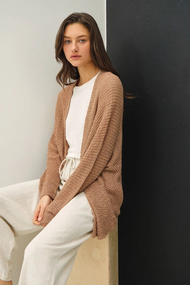 Open Front Long Sleeve Breezy Yarn Knit Cardigan In Latte