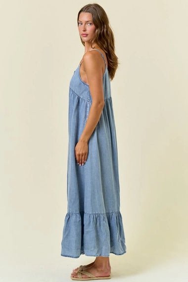 Chambray Tiered Ruffled Skirt Midi Dress - The Cozy Nest
