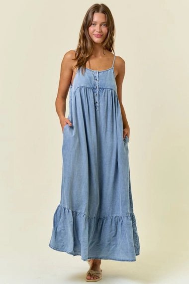 Chambray Tiered Ruffled Skirt Midi Dress - The Cozy Nest