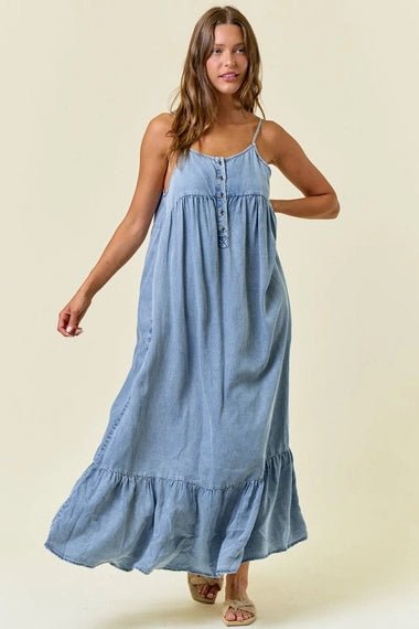 Chambray Tiered Ruffled Skirt Midi Dress - The Cozy Nest