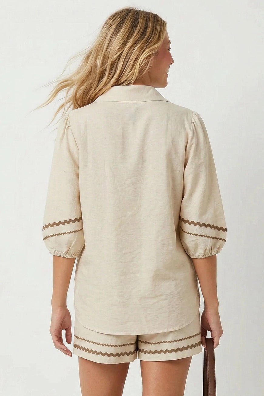 Contrast Trim Puff Sleeve Linen Blouse - The Cozy Nest