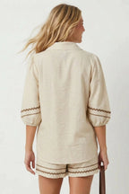 Contrast Trim Puff Sleeve Linen Blouse - The Cozy Nest