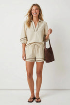 Contrast Trim Puff Sleeve Linen Blouse - The Cozy Nest