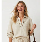 Contrast Trim Puff Sleeve Linen Blouse - The Cozy Nest