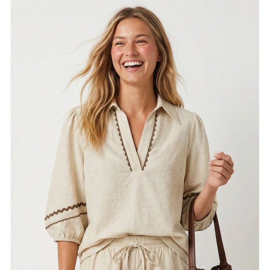 Contrast Trim Puff Sleeve Linen Blouse - The Cozy Nest