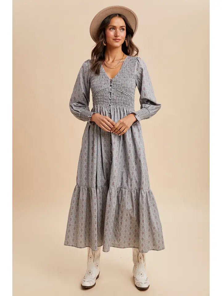 COTTON SMOCKED FLORAL BUTTON DOWN MAXI - The Cozy Nest